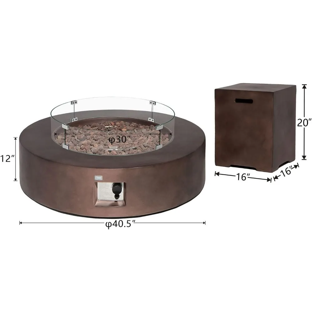 2-Piece Outdoor Propane Firepit Table Set w Tank Table, 40.5-inch Dark Fire Table 50,000 BTU Bronze Round Base, Tank Side Table