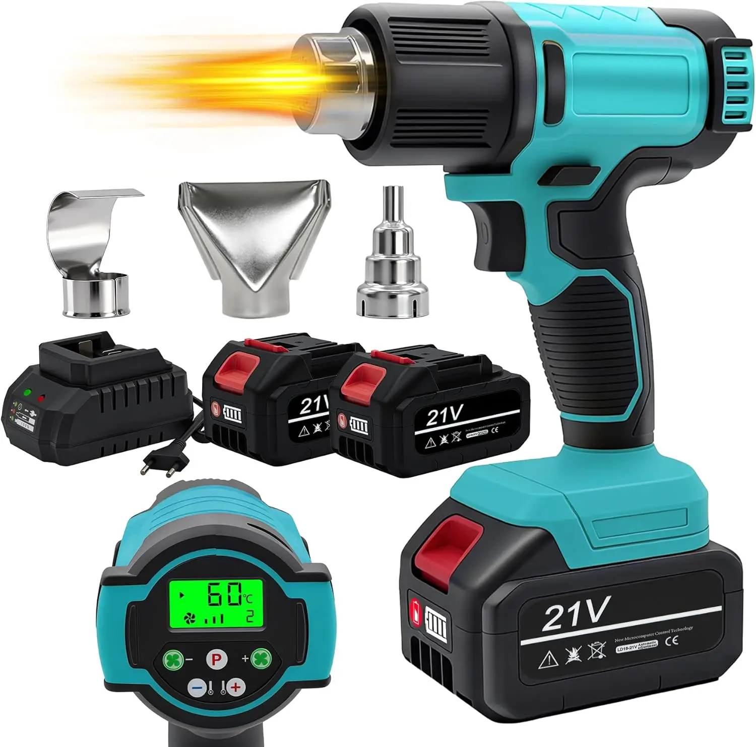 

Беспроводная тепловая пушка с ЖК-дисплеем, 60–540 гг. ° Регулируемый C, батареи 2 × 21 В и 3 насадки, портативный фен для термоусадочных трубок, Cr