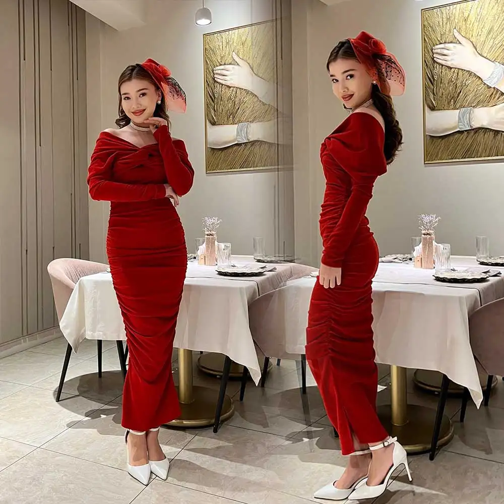 Jersey Sheath Dress For Mother of the Bride Off Shoulder Draped Long Sleeve Simple Evening Gowns Ankle-Length  Dresses