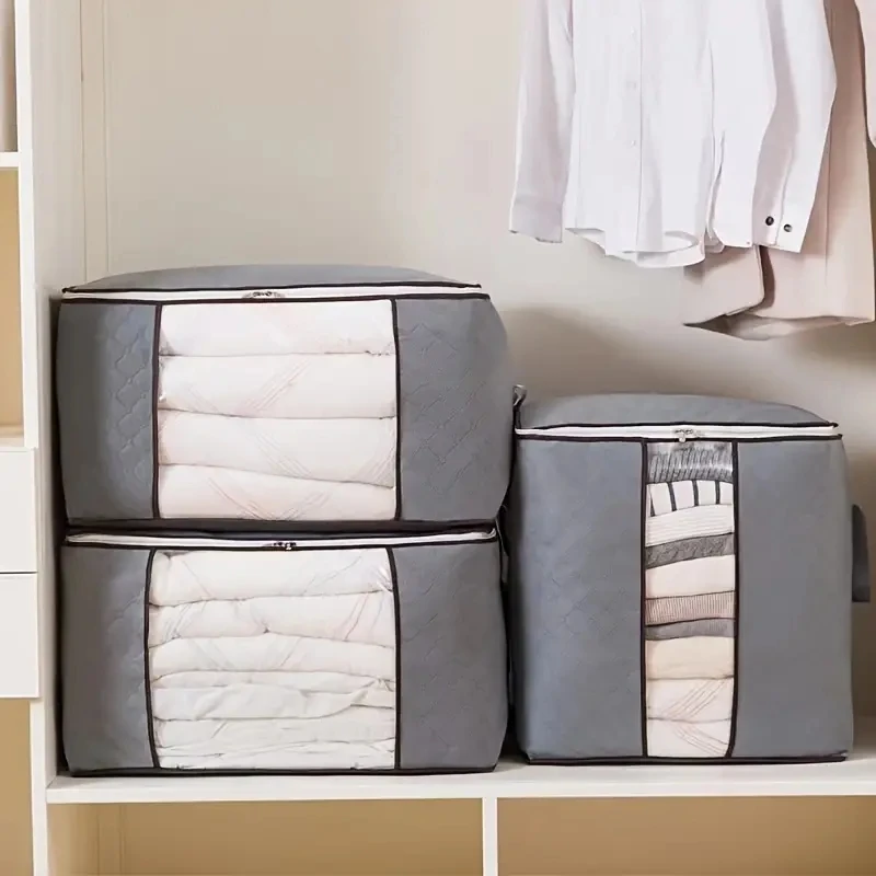 1pcComforter Bags With Zipper, Large Clothes Storage Bag, Clothes Organizer With Handle Clear Window, Storage Bins Containers Fo
