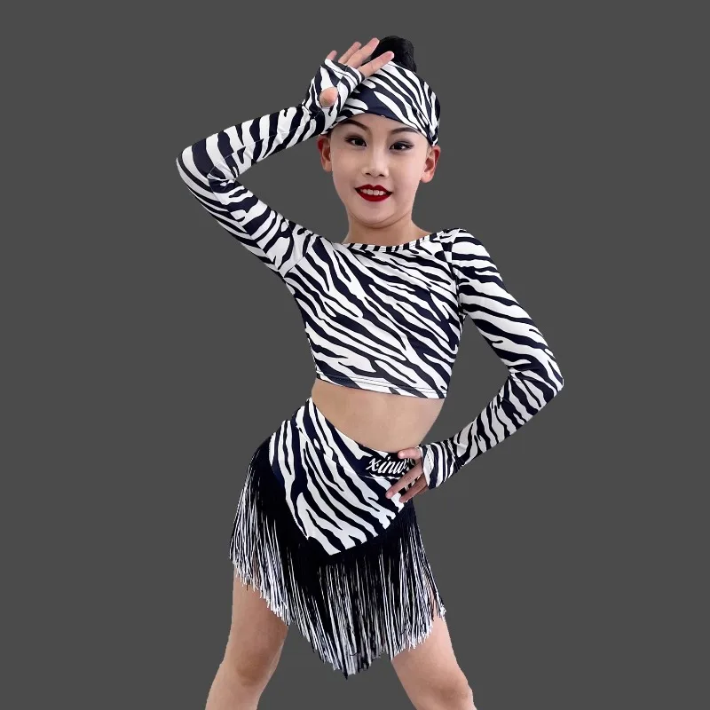 Customized Children's Latin Dance Dress Tassel Skirt Zebra Pattern Long Sleeve Top Training Skill Table Performance Dress 2026