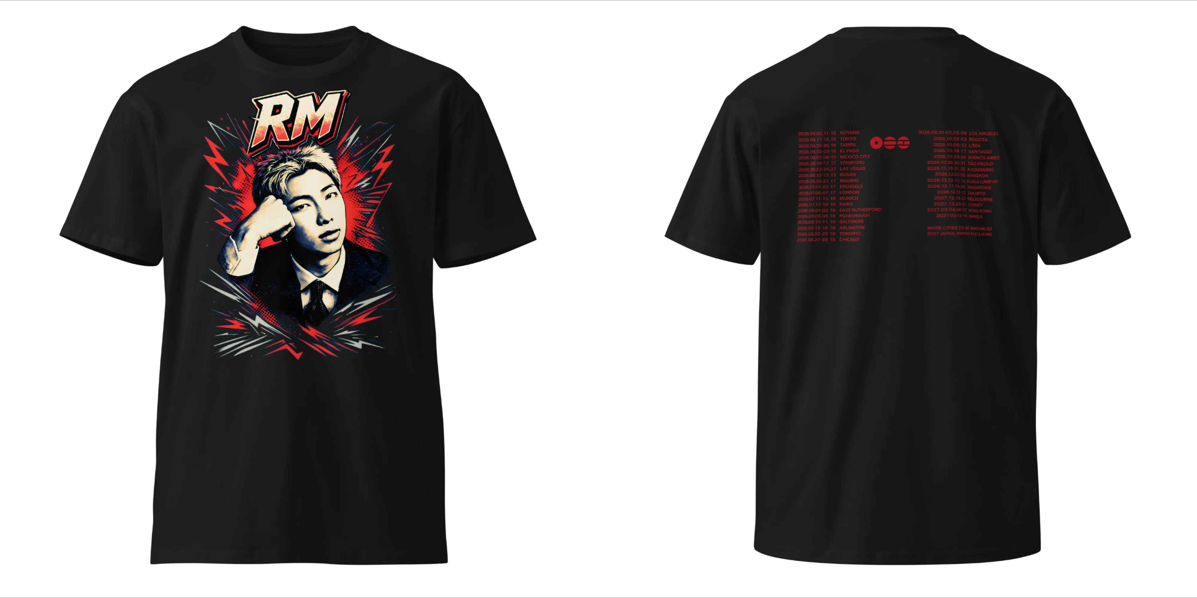 BTS RM Taehyung 2026 World Tour Doppelseitiges Grafik-T-Shirt mit Porträt und Tour-Städtenliste Kpop-Fans T-Shirt für Männer, Frauen und Kinder – Detail 9