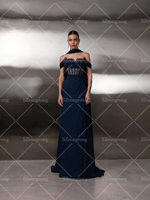 Custom Made Graceful Boat Colalr Pleated Sheath Formal Evening Party Gown Backless Lace Long Bridal Prom Dress with Sweep Cout