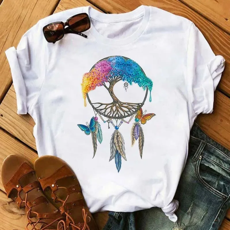 Fashion Feather Dreamcatcher T Shirt Women Harajuku Graphic Tees Shirt Femme Dream Catcher Women's T-shirt Clothes Tops