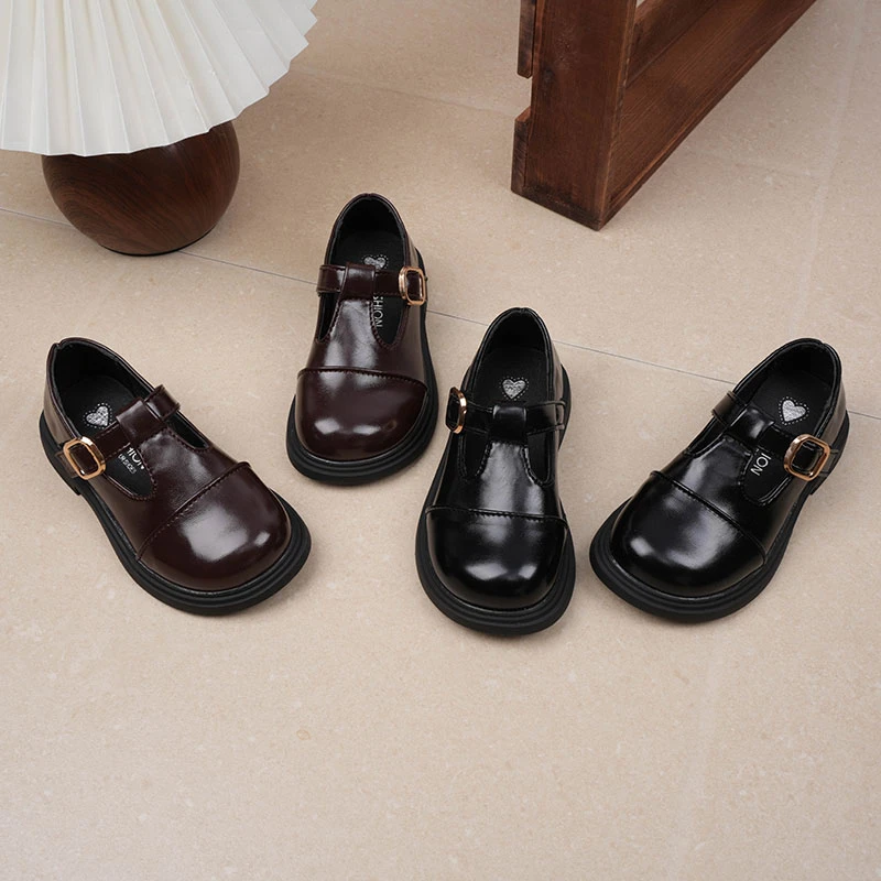 

Children Girls Shoes Thick Heel Retro Fashion Style Internal Single Shoes Comfortable Rubber Sole Cut Ankle Strap Casual Shoes