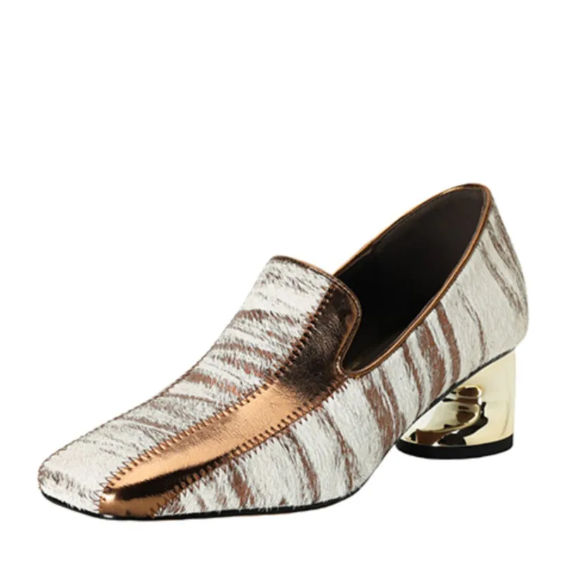 Dilalula Hot Sale Horsehair women's Pumps Mixed Color Med Strange Heels For Female Vintage Natural Leather Pumps Office Ladies