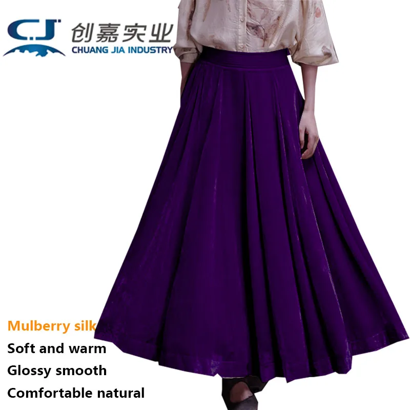 Spring Autumn Women's Mulberry Silk Velvet Pleated Half Skirt Pleated A-line Large Swing Luxury Soft Flowing Skirt Good Quality