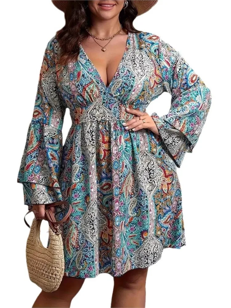 Plus Size Herfst Jurk Vrouwen Bloemenprint Mode Ruche Geplooide Losse Dames Jurken V-hals Hoge Taille Vrouw Mini Jurk