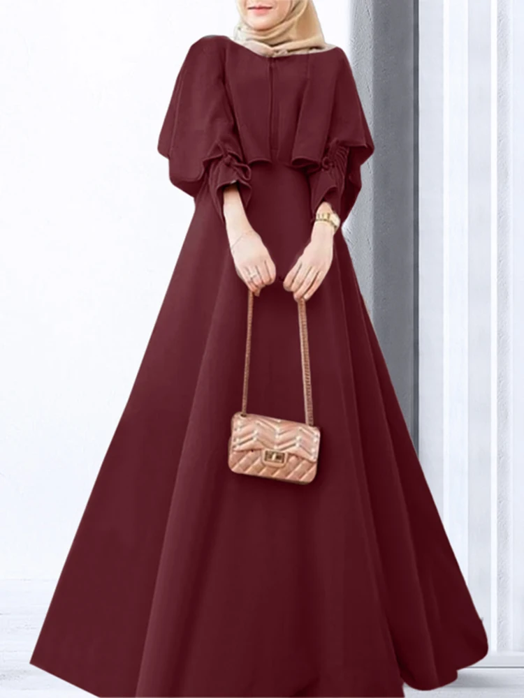 ZANZEA Long Sleeved O-Neck Ruffles Abaya Kaftan Tops 2023 Women Spring Solid Muslim Dress Fashion Casual Elegant Party Sundress