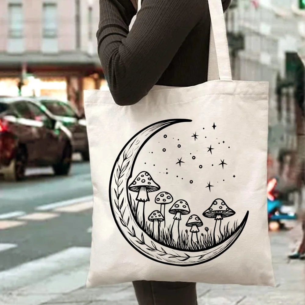 Large Capacity Reusable Shopping Bag for Daily Use and Travel, New Moon Mushroom Forest Print Tote Bag