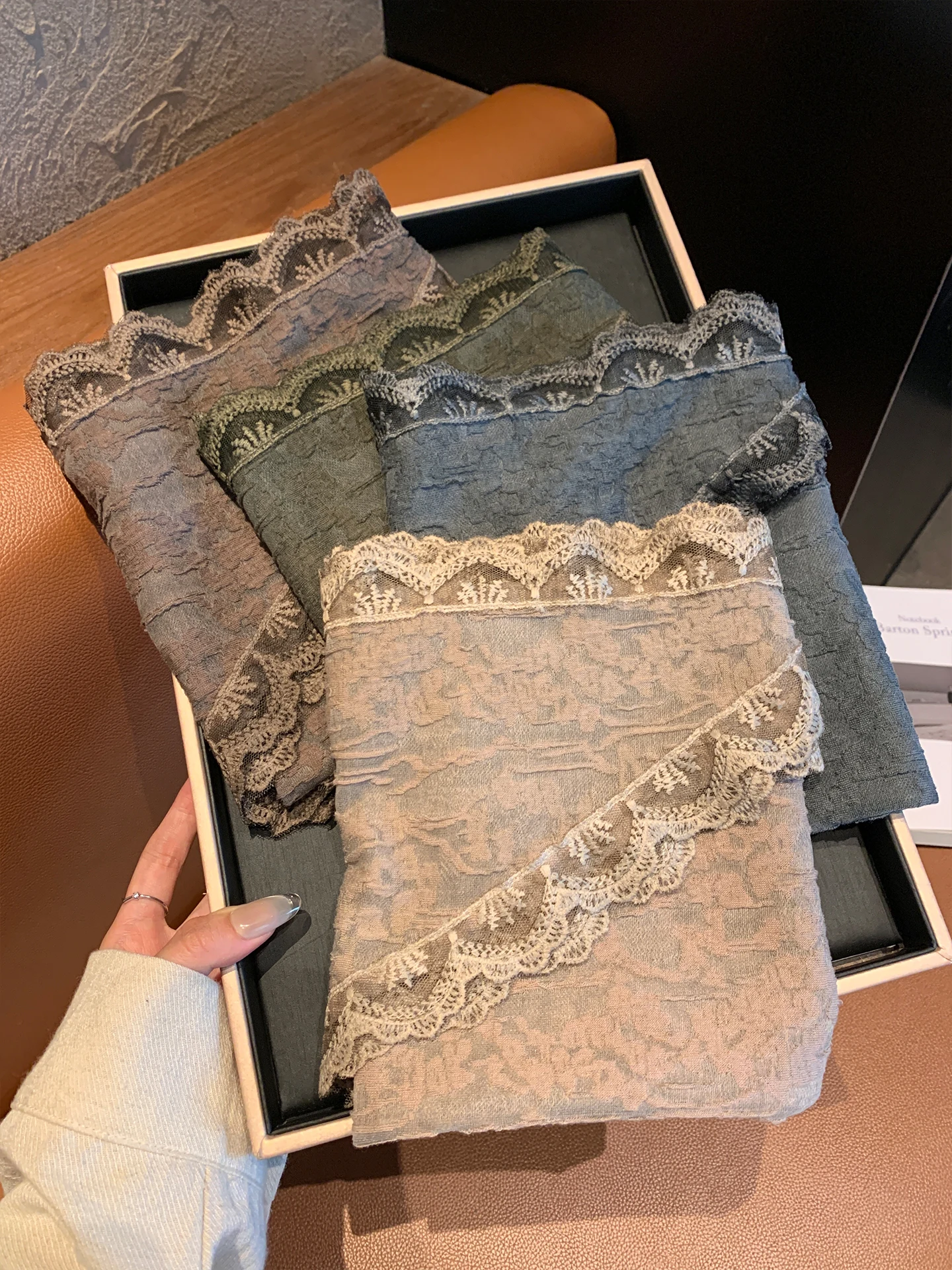 Elegant Embroidered Hollow Lace  Scarf Women's Fashionable Versatile Necktie Small Bandana Decorative Ethnic Style
