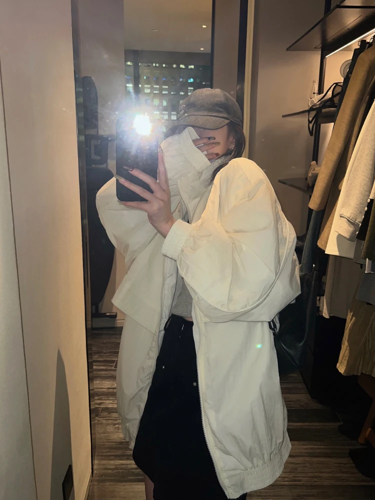 

Superniniyy Casual Loose Long Zipper Collar Jaet Sli Lazy Paper Person Slimming Commute Sle Nylon Fiber Coat