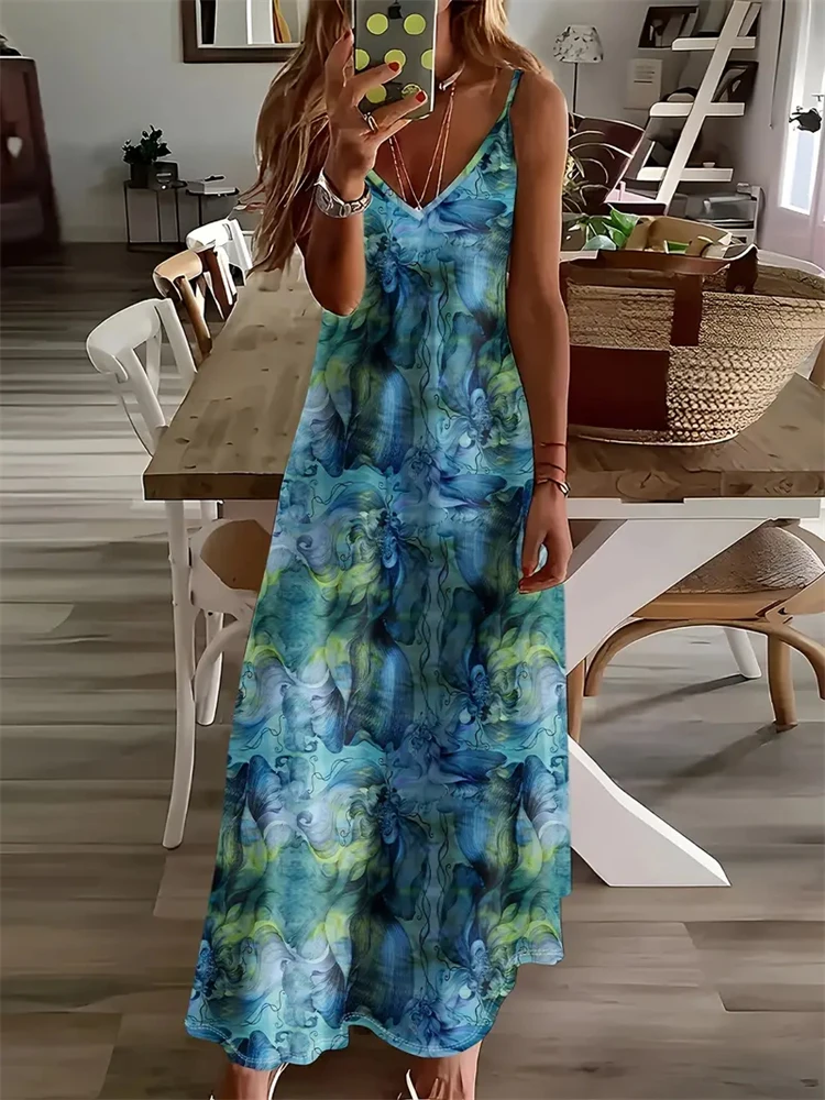 

Women's Fashion Tie-Dye Print Dress Summer Women's Vintage Sleeveless Floor-Length Slip Dress Breathable V-Neck Dinner Dress