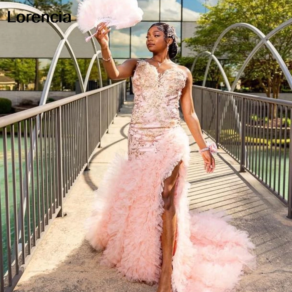 Customized Glitter Pink Diamonds Mermaid Ruffles Prom Dress For Black Girls Silver Beaded High Slit Birthday Party Gown YPD184