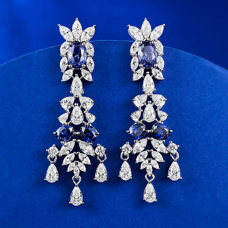 

Spring Qiaoer Luxury 925 Sterling Silver Sapphire High Carbon Diamond Gems Tassel Drop Earrings for Women Fine Jewelry