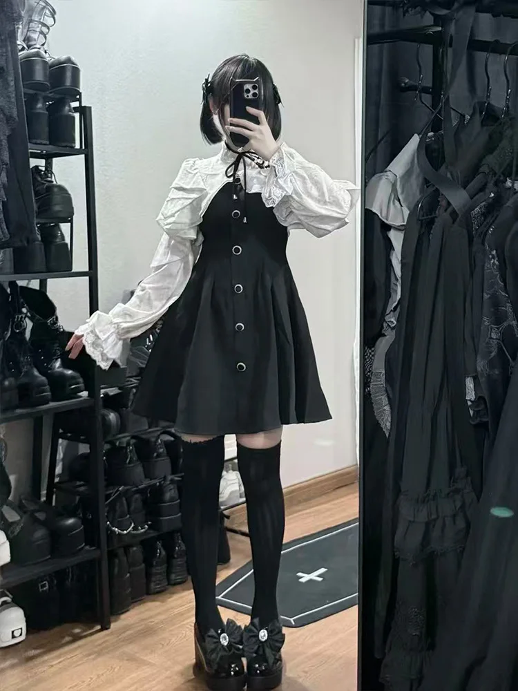 النمط الياباني Kawaii كشكش فستان قصير المرأة جميل الدانتيل تصميم جديد أسود أزياء من الدانتل الربط فو قطعتين فساتين حلوة