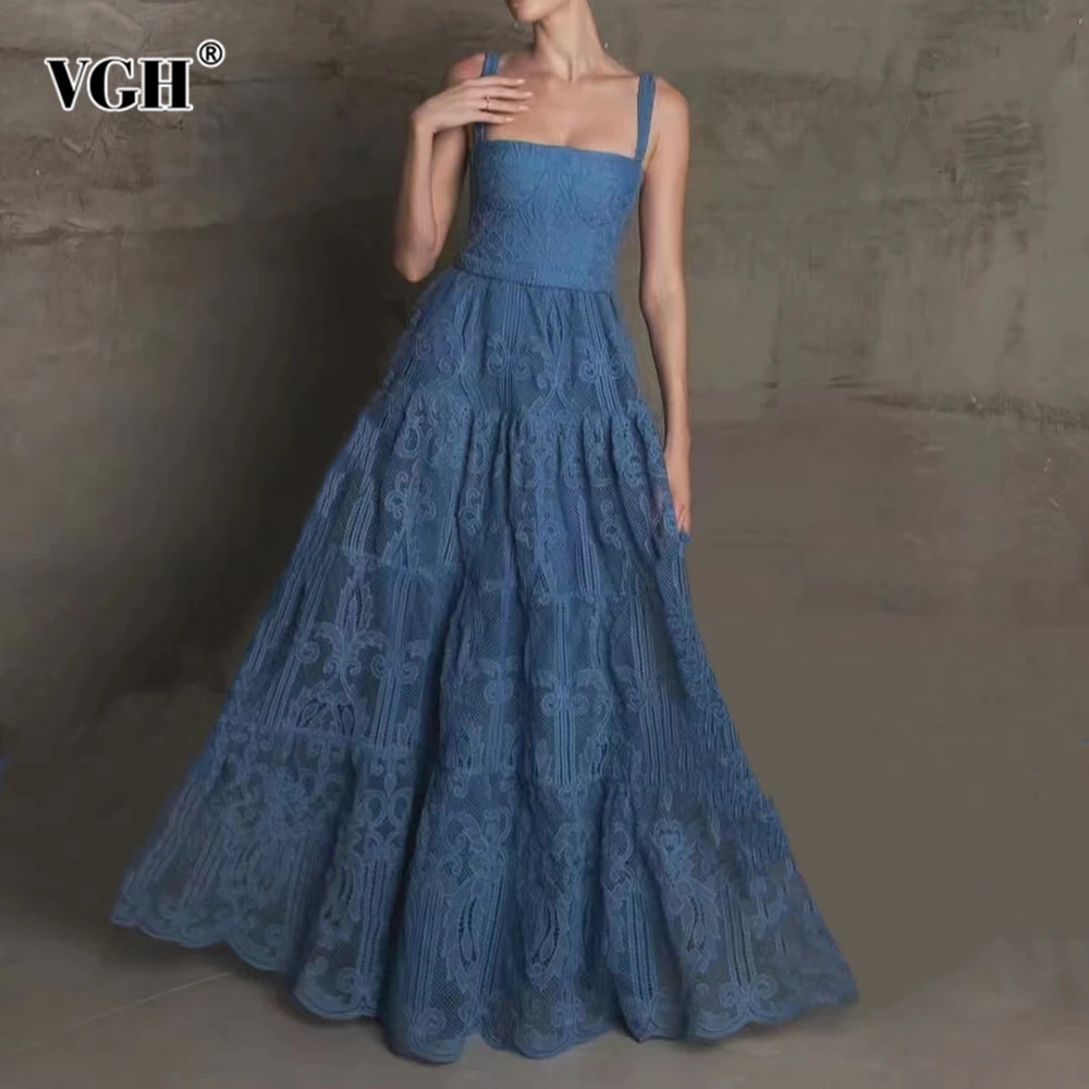 

VGH French Retro Elegant A Line Long Dress for Woman Square Collar Sleeveless High Waist Patchwork Embroidery Dresses Female New