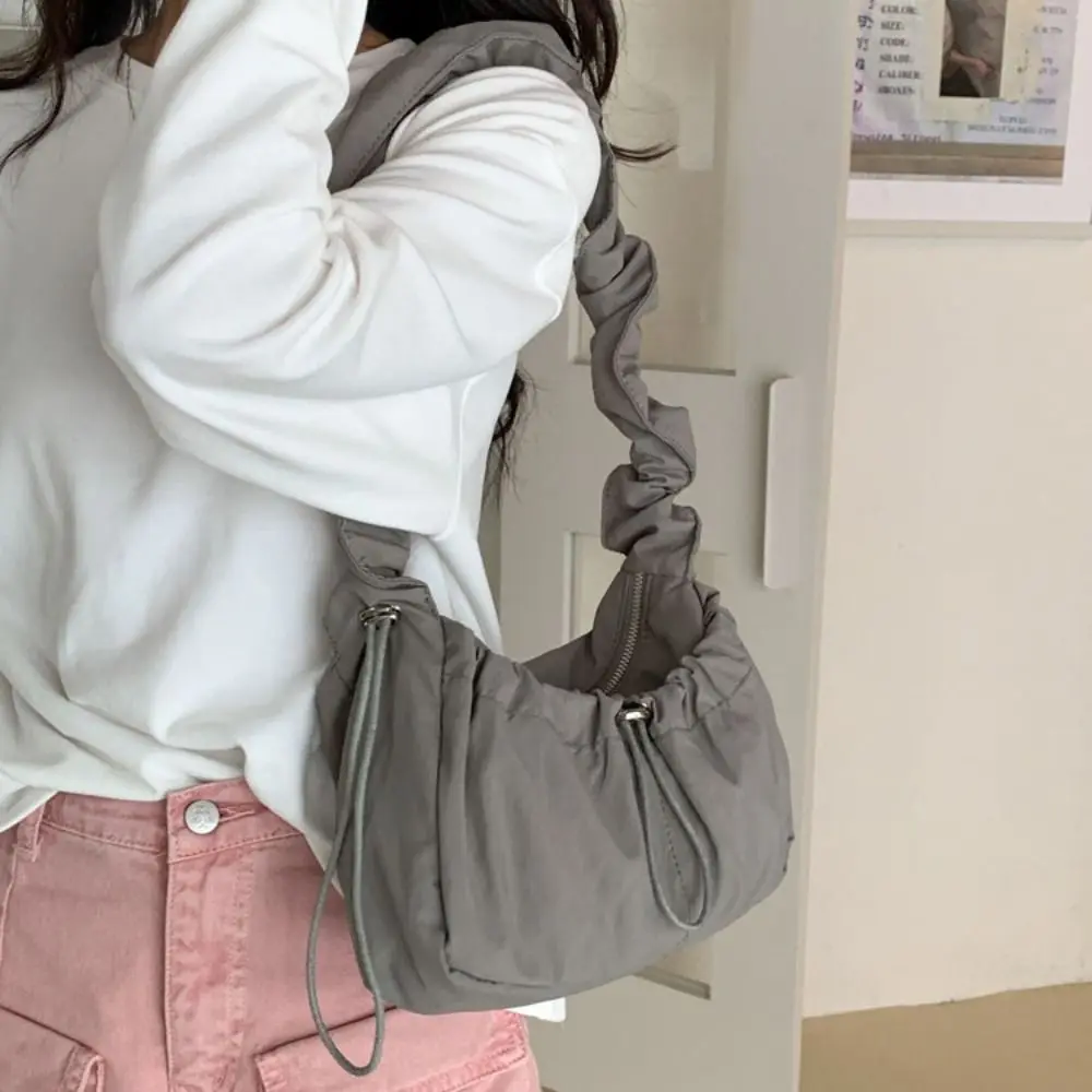 

Casual Drawstring Pleated Shoulder Bag Solid Color Korean Style Cloud Crossbody Bag Dumpling Bag Y2K Nylon Underarm Bag School