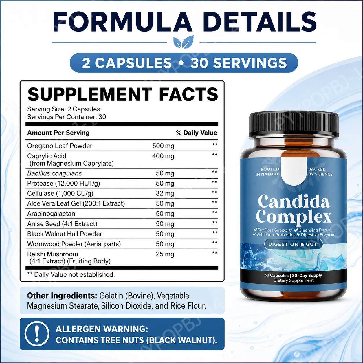 Candida Cleanse Gut Detox for Women with Caprylic Acid Black Walnut Wormwood Oregano Prebiotics Probiotics 60 Capsules
