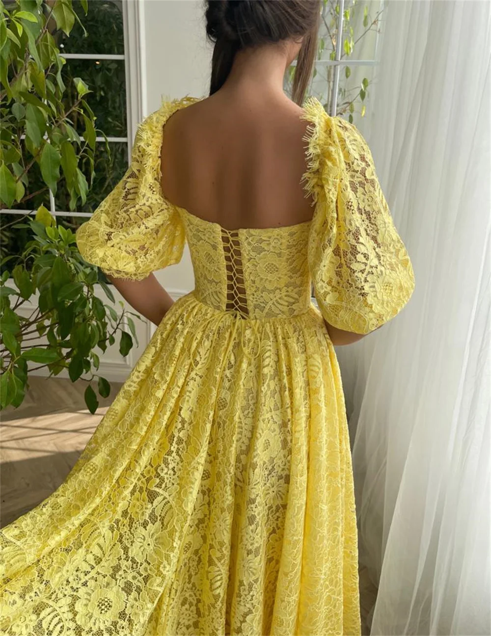 Bafftafe Delicate Yellow Lace Women Prom Dresses Half Sleeves A Line Ankle Length Midi Formal Evening Gowns Wedding Party Dress