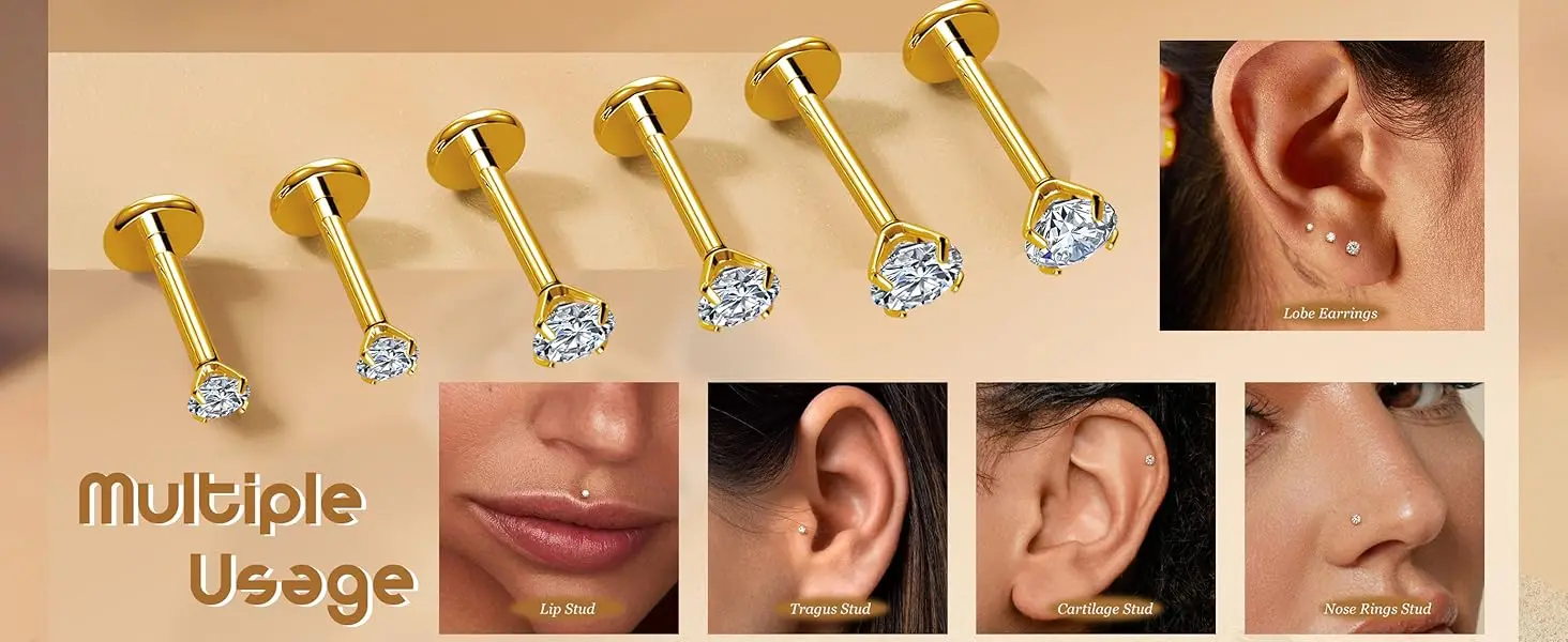 12 Pairs 316L Surgical Steel Flat Back Studs Hoop Earrings for Women Men CZ Stud Earrings Nose Stud Helix Piercing Jewelry