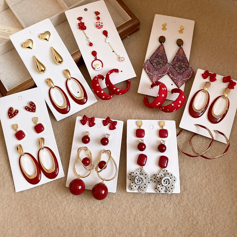 

Red Acrylic Bow Pearl Silver Needle Pendant Earring Set Retro Chic Stud Luxury-Inspired High-End Boho Sty For Woman