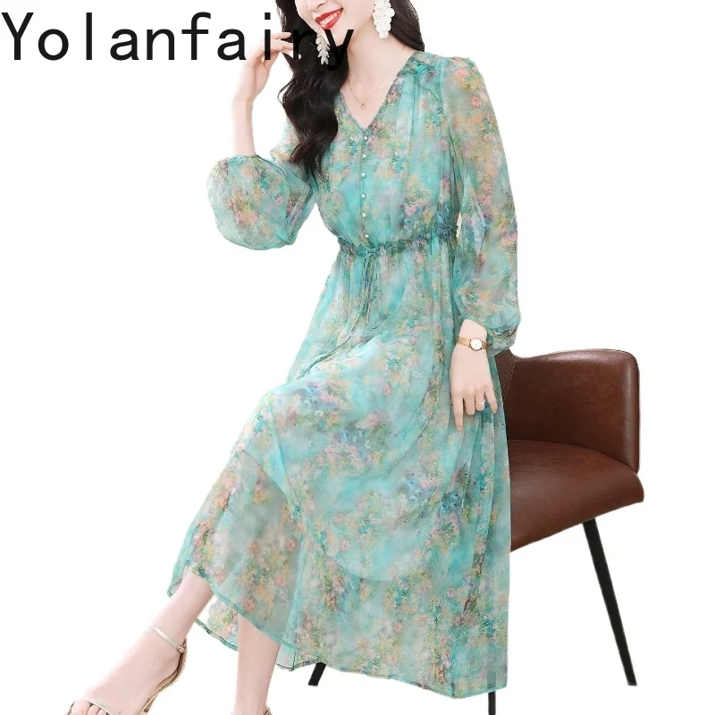 

YOLANFAIRY Элитное платье из 100% натурального шелка тутового шелкопряда для женщин, весенне-летнее, элегантное, с цветочным принтом, с V-образным вырезом, модное пляжное платье