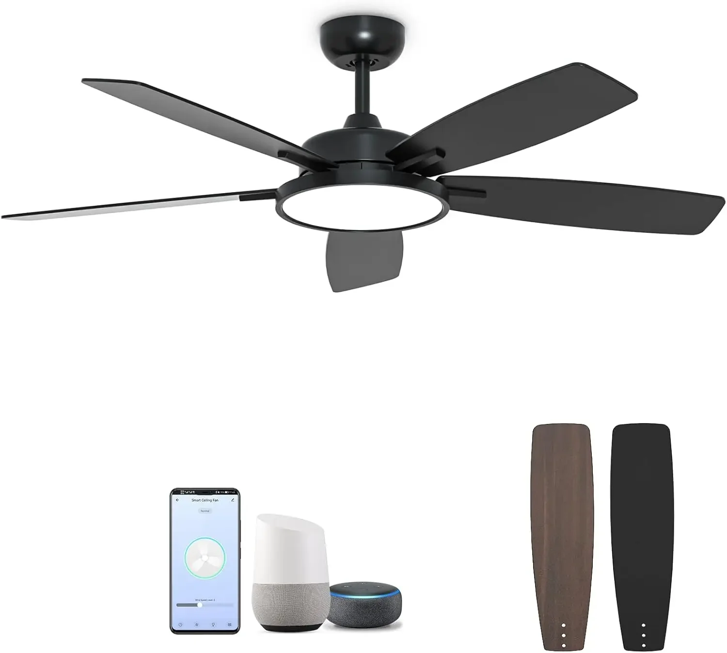 52 Inch Smart Ceiling Fan with Light,Ultra Silent Reversible DC Motor Fan Remote Control Compatible with Alexa Google home（black