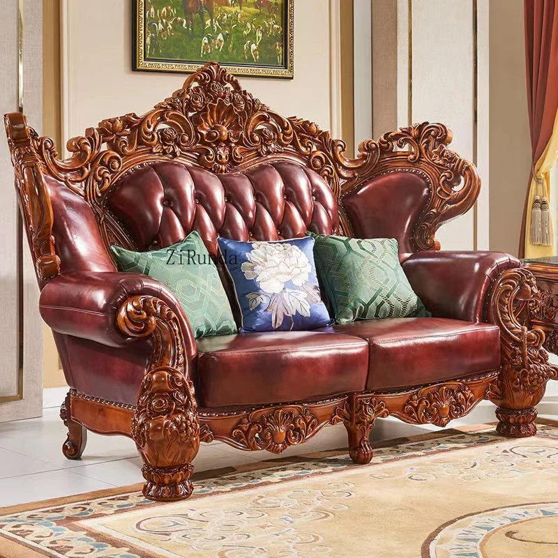 

European-style leather sofa combination villa luxury solid wood double-sided carved American luxury furniture