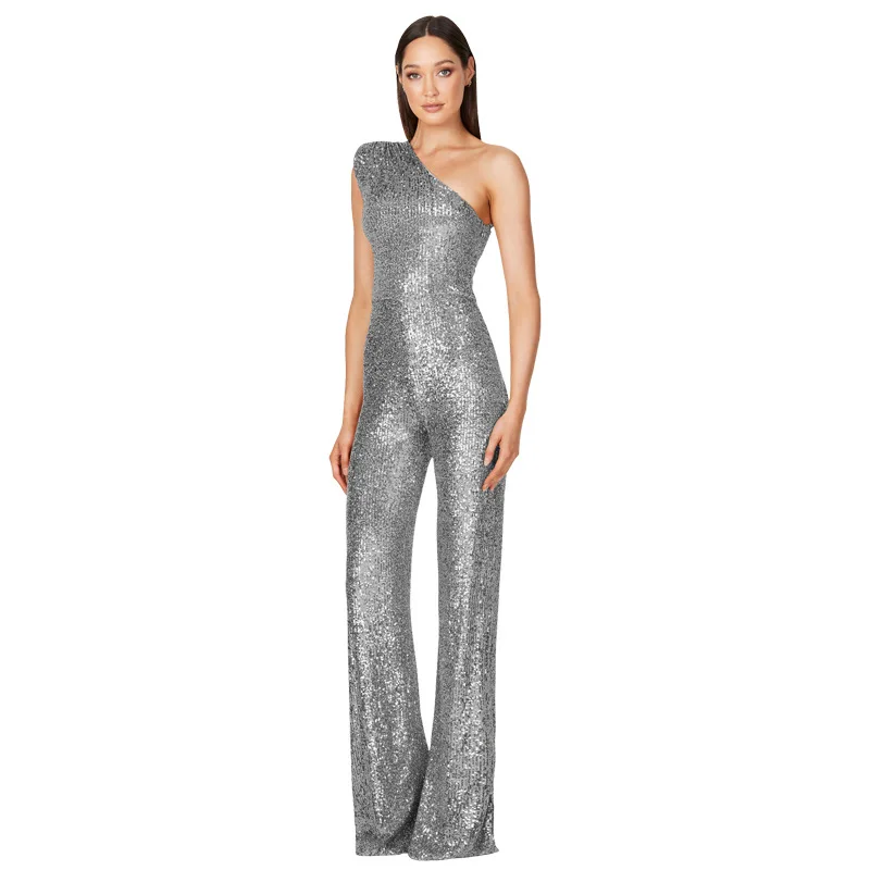 Women Sexy Elegant V Neck Sequined One Shoulder Long Sleeve High Waist Long Wide Leg Pants Jumpsuits Rompers