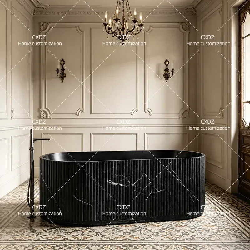 Italian Minimalist Artificial Stone Bathtub Independent Floor Standing Oval Tub Black Marble Pattern for Hotel Bathroom