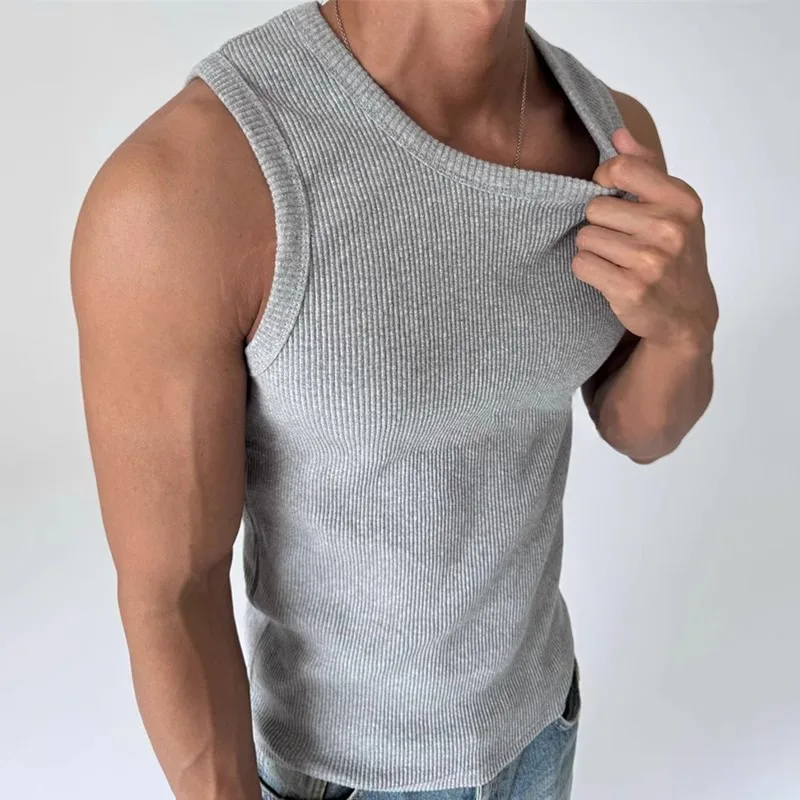 Vest Men's Tank Top 2026 Sports Fitness Pit Strip Elastic Slim Sleeveless Men T-shirt Vertical Striped Man Tops Tees