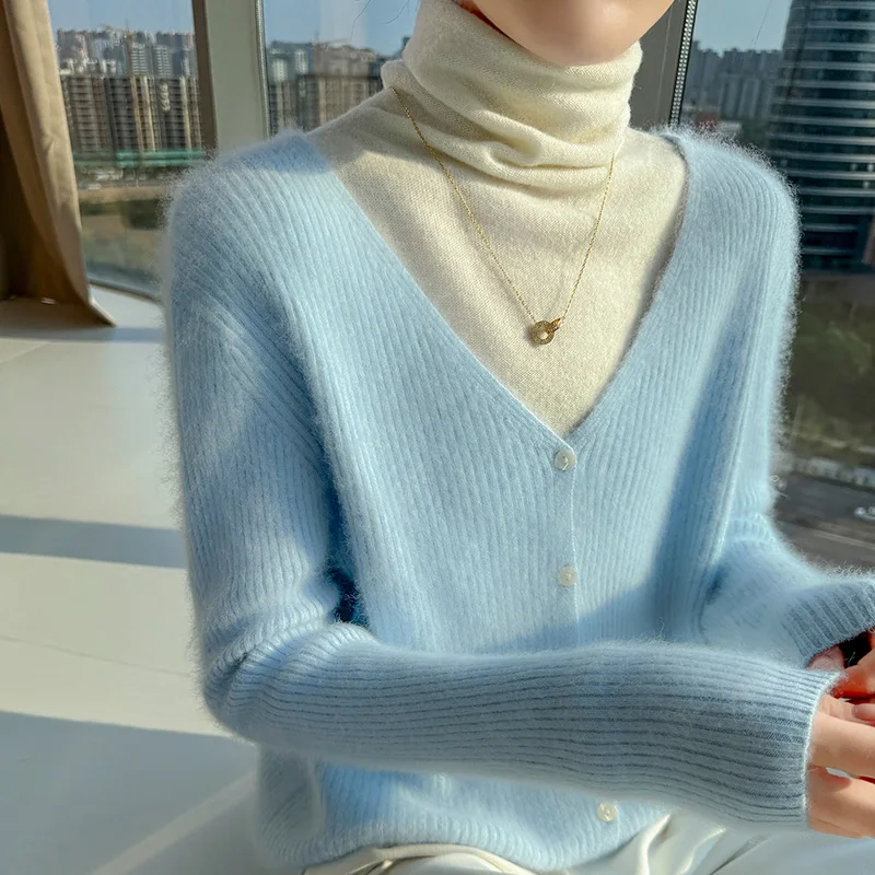 

Элегантный теплый кардиган из 100% норки и кашемира, свитер для зимы, женский трикотаж с v-образным вырезом и длинными рукавами, базовая одежда, топы