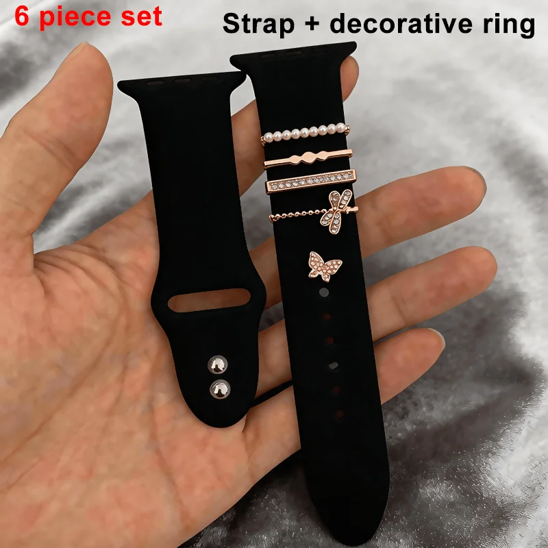 6-pack - silicone strap + decorative ring suitable for Apple Watch strap 44mm 46 45 42 41 40mm series 11/10/9/8/7/6/5/4 SE band