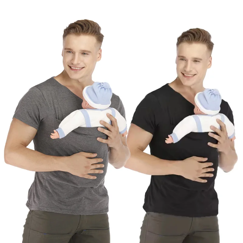Kangaroo Pocket T-Shirt Nylon Cotton Father Mother Short Sleeves Tops Baby Summer Pregnancy Safety Carrier Feeding Clothing