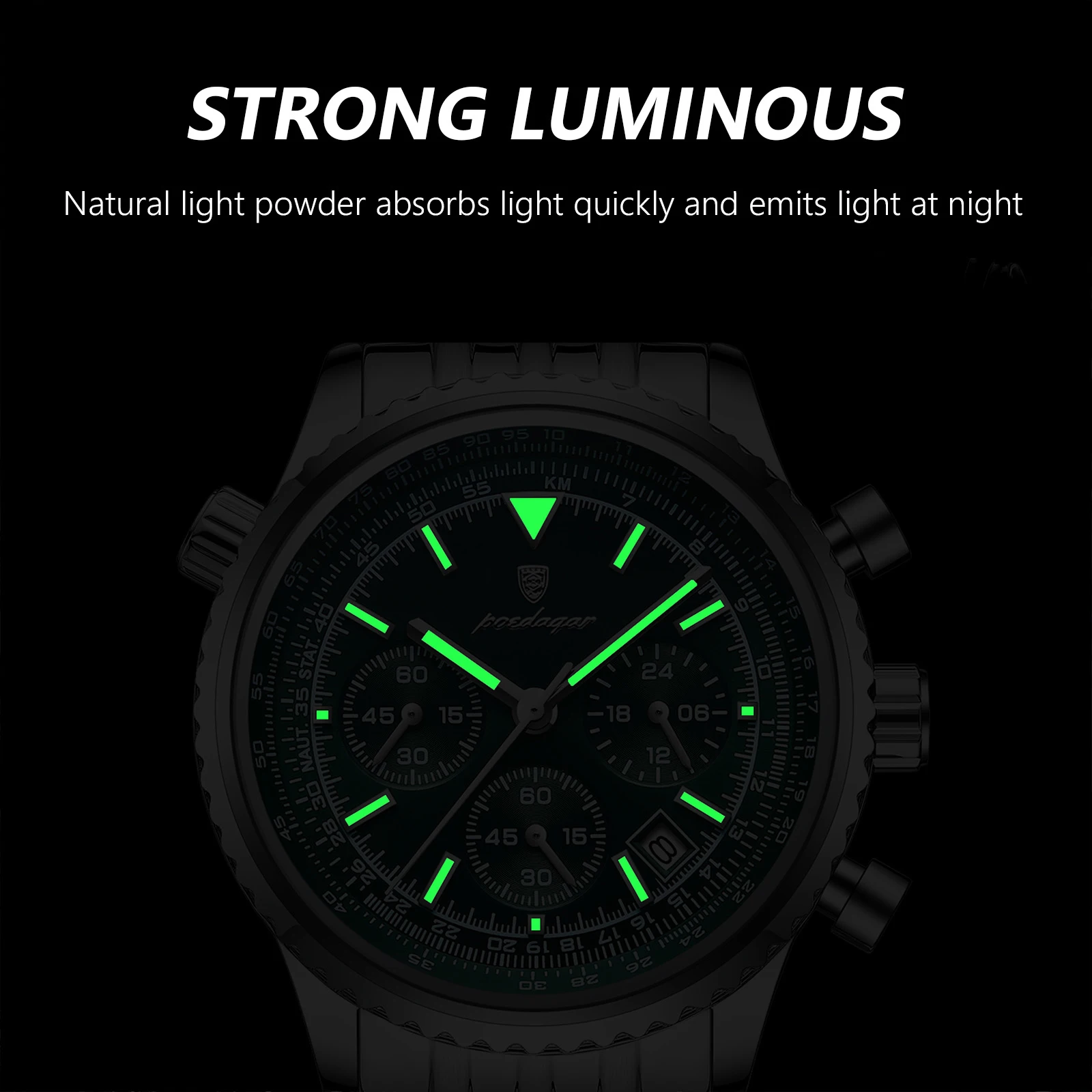 POEDAGAR موضة رياضية ساعة كوارتز رجالية كرونوغراف تاريخ مقاوم للماء ساعة رجالية مضيئة فاخرة ساعات من الفولاذ المقاوم للصدأ للرجال