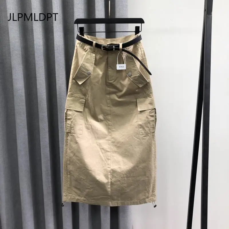 Falda vaquera de cintura alta verde militar para mujer, moda Primavera Verano 2025, vestido informal holgado con herramientas con palabra A