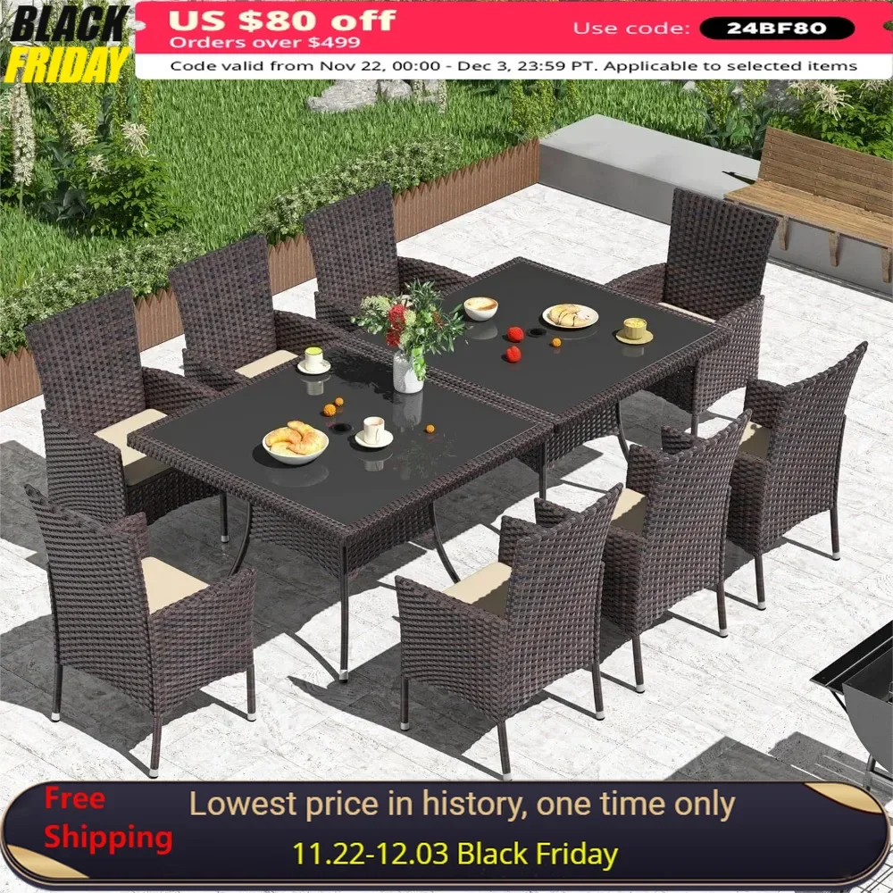 10-Piece Outdoor Dining Set,Square Tempered Glass Tabletop with Umbrella Hole and 8 Chair Set, Wicker Rattan Patio Dining Table