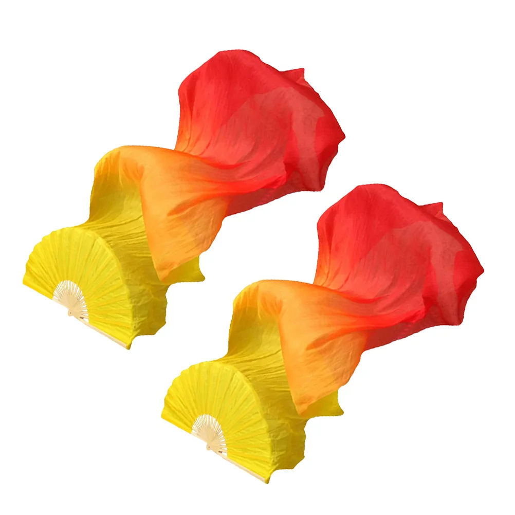 2Pcs Dance Fans Long Veil Gradient Color Faux Silk Belly Dancing Handheld Folding Fans Stage Festival Performance Veil Props