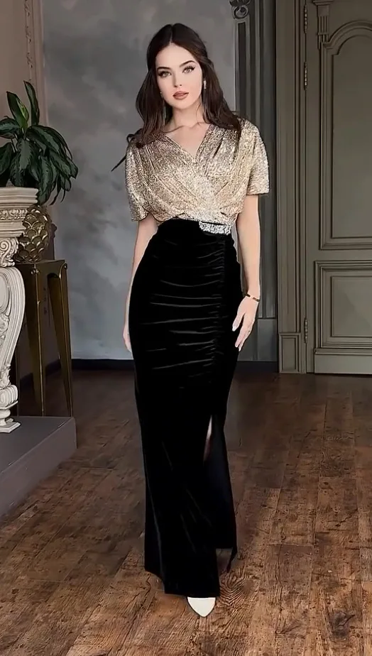Formale Kleider für Frauen, Party-Etuikleid, geteilte Pailletten, V-Ausschnitt, sexy A-Linien-Kleid, weiblich, 2025, Temperament, elegante Vestidos