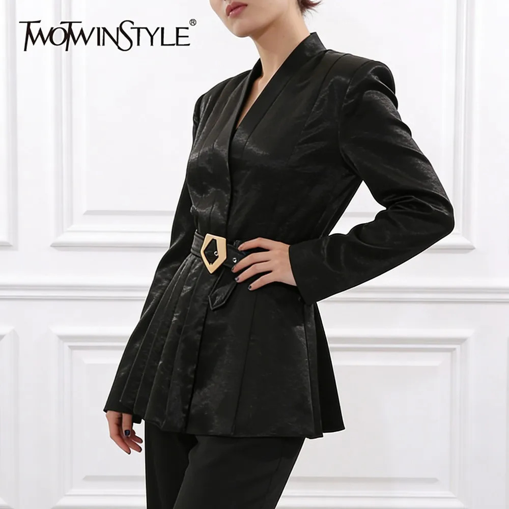 

TWOTWINSTYLE, черная шикарная куртка со сращенными поясами, женская свободная куртка с v-образным вырезом и длинными рукавами, элегантные женские куртки, осенняя мода, новинка