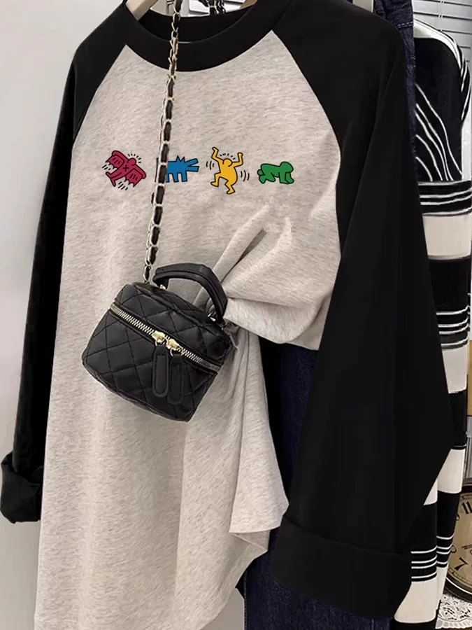 Loose Long Sleeve T-Shirt Women's Vintage Chic Splice Shoulder Sleeve Top Ultra Popular Color Collision Thin Cotton Casual Style