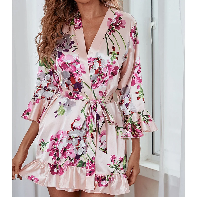 CINOON Women Home Night-robe Dresses Sexy Printed Nightgown Lingerie Ladies Silk Pajamas Bathrobe Home Cardigan Homewear Robe