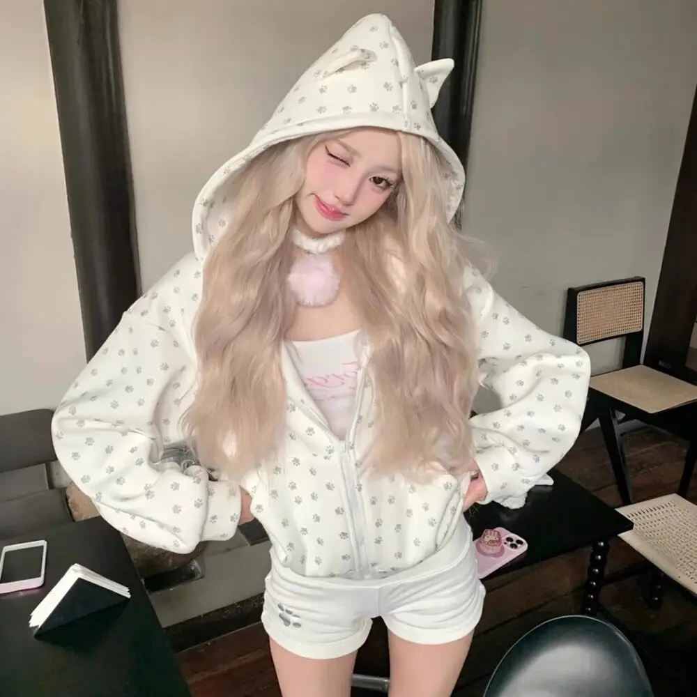 

Японские толстовки Y2k, женская одежда в стиле каваи, толстовки с капюшоном и ушками с принтом кошачьей лапы, новинка весны 2026, уличная одежда на молнии в стиле каваи для девочек