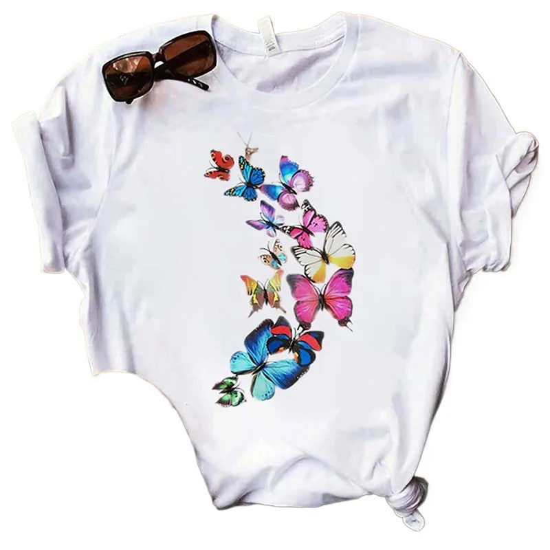 여성용 나비 프린트 하트 모양 티셔츠 반팔 라운드 넥 하라주쿠 미적 탑 캐주얼 패션 의류