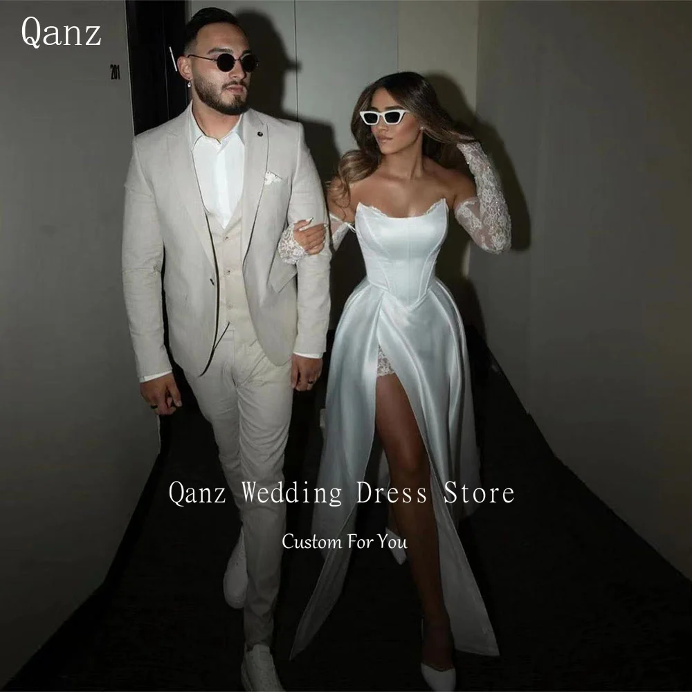 

Qanz Sexy Satin White Wedding Dresses High Side Slit Removable Sleeves Lace Up Back Long Bride Gowns Party Dress Custom Make