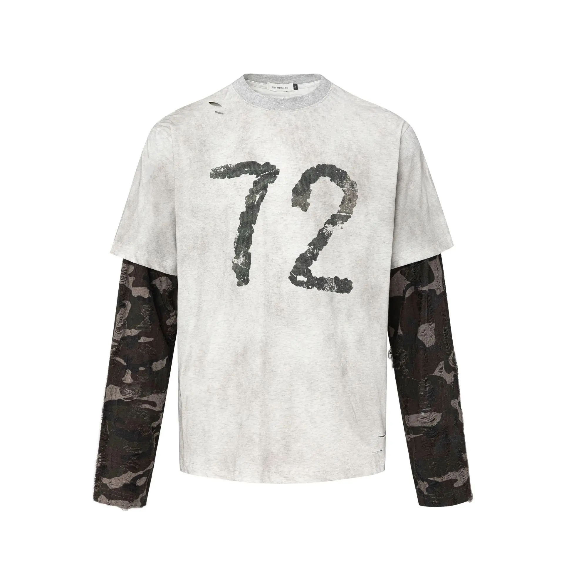 Men's High Street Vintage Ripped T Shirts With Camouflage Sleeve Patchwork Fashion Streetwear Retro Hip Hop Tees Printed Tops