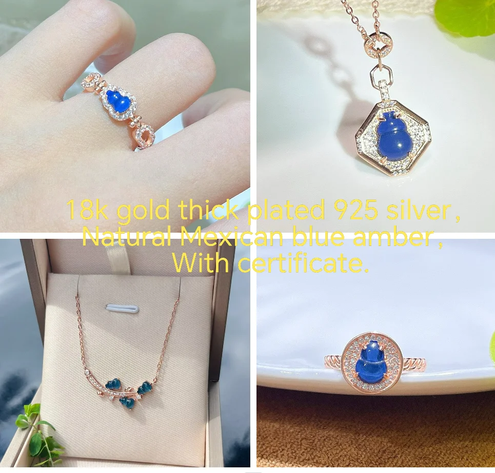

Certificated 925 Silver Natural Mexican Blue Amber Gourd Jewelry Set Blue Stone Necklace Ring Eastern Traditional Lucky Jewelry