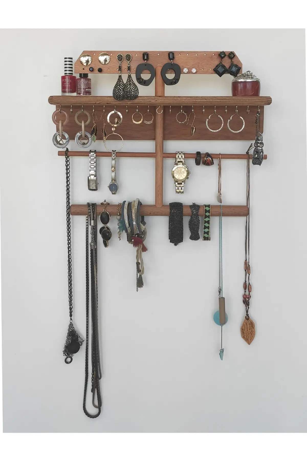 DecorativeMounted on Wall Hanging Jewelry Organizer with Rustic Wood Jewelry Holder for Display Necklaces Bracelet Earrings Ring