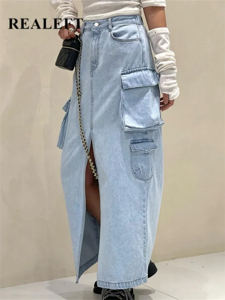 

REALEFT Vintage High Waist Front Split Women's Cargo Denim Skirts 2024 New Spring Summer Fashionable Jeans A-Line Skirts Female